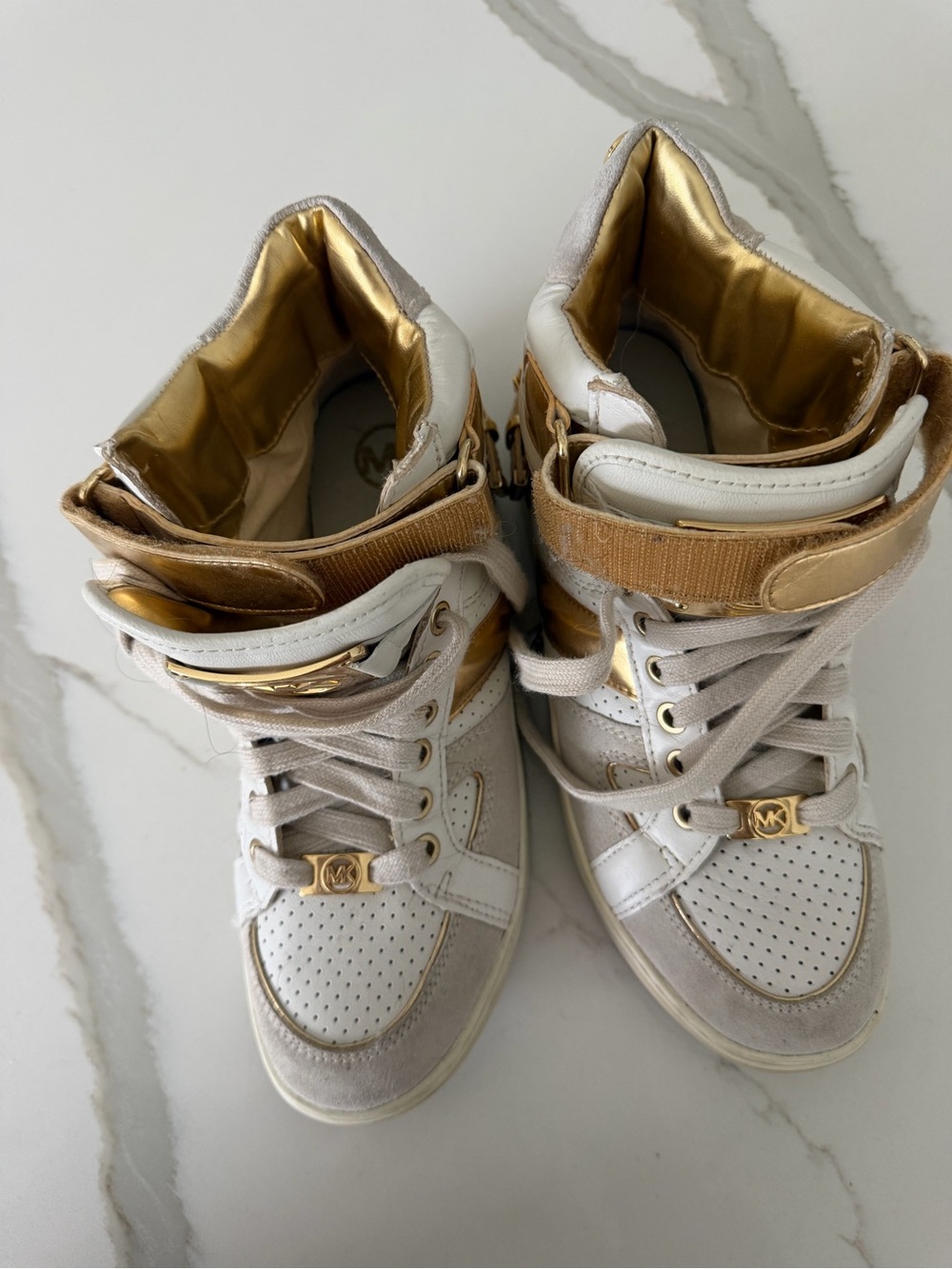 Michael Kors White and Gold High-Top Sneakers with Metallic Accents